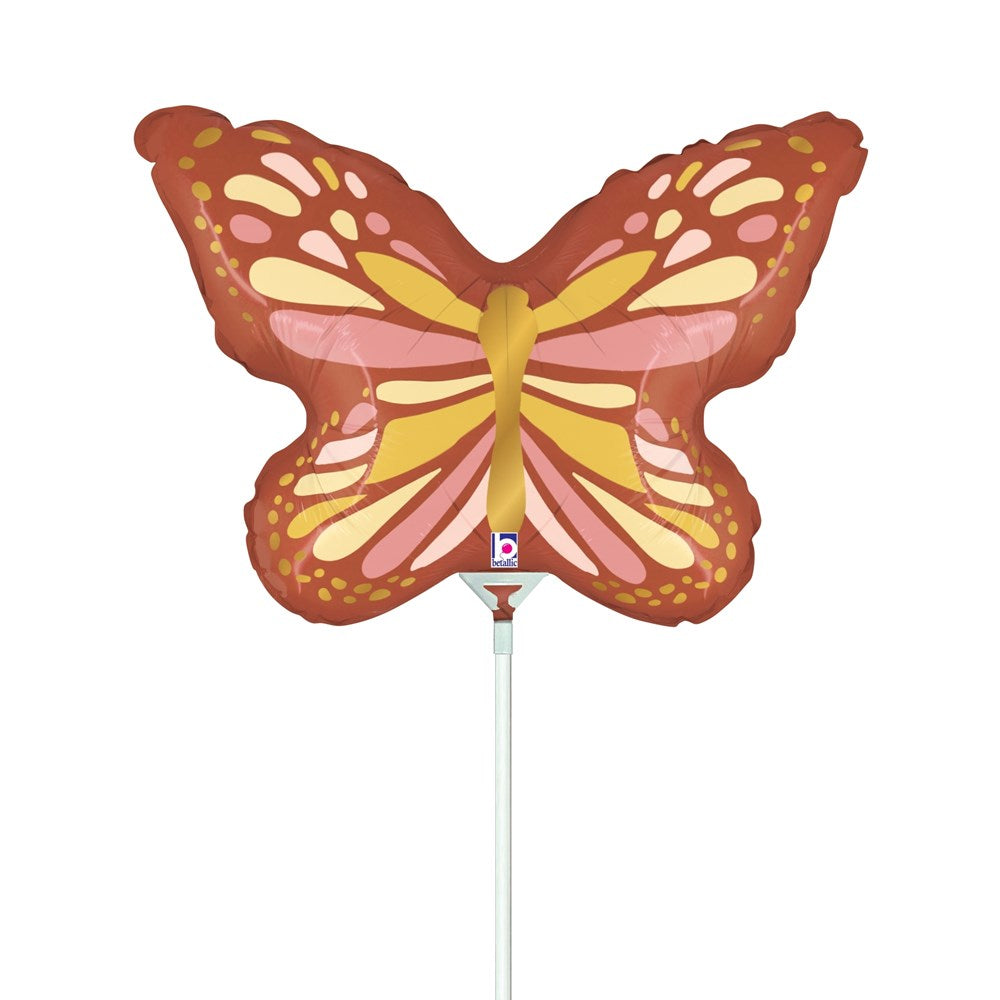 14 inch mini butterfly-shaped foil balloon with pink, yellow, and brown pattern.