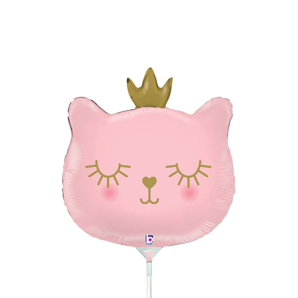 Pink cat-shaped foil balloon with closed eyes, rosy cheeks, and a gold crown on top.