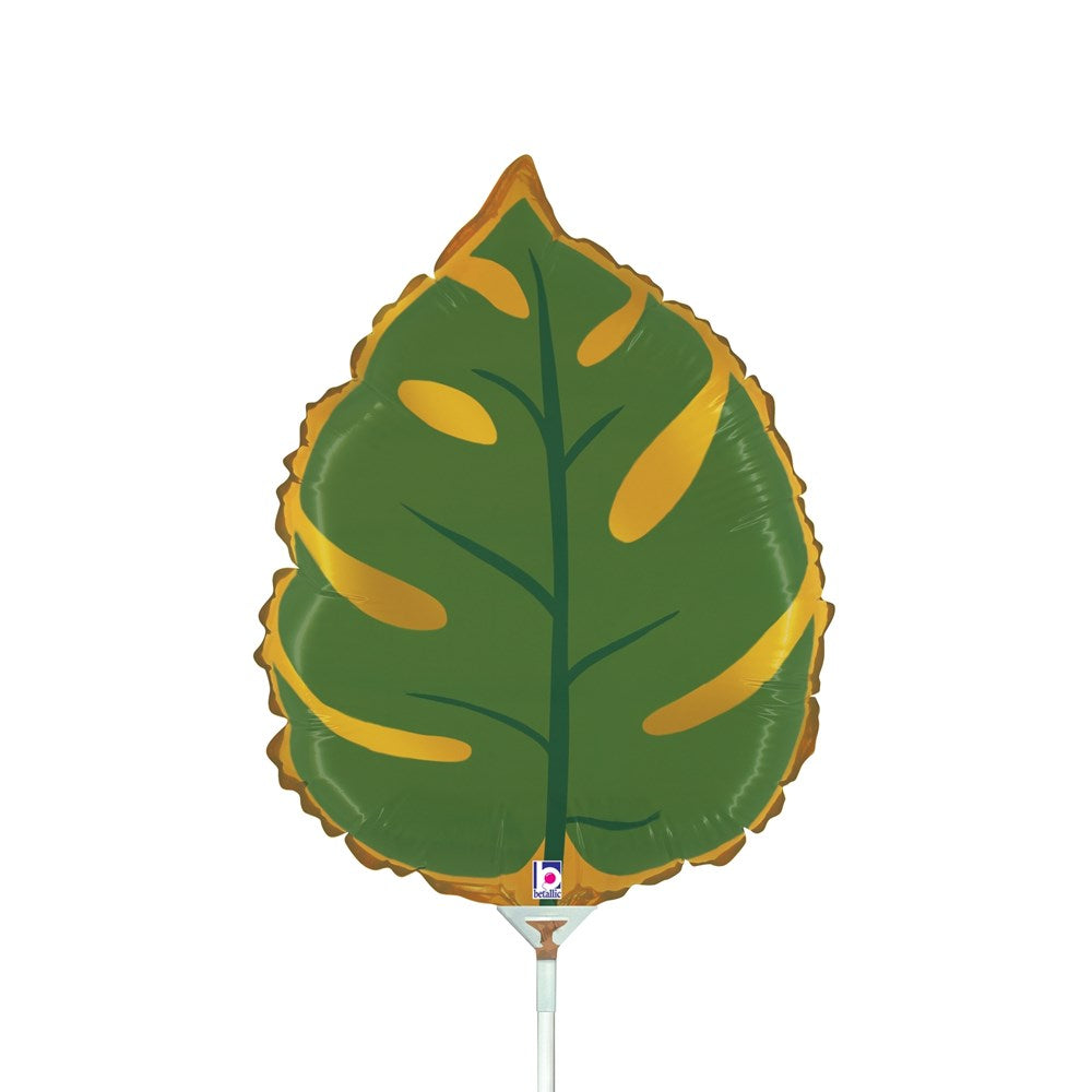 14 inch green tropical leaf-shaped foil balloon with yellow accents and a brown outline.
