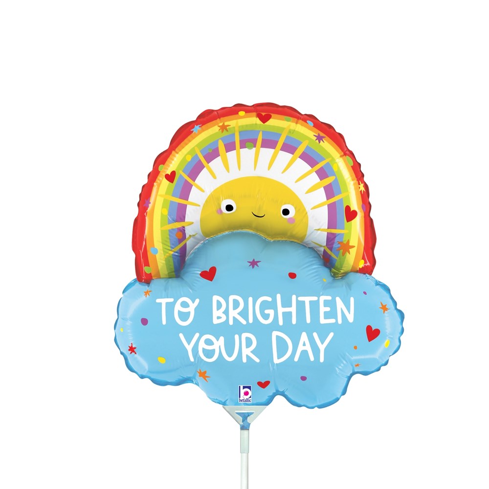 14-inch foil balloon shaped like a smiling yellow sun with rainbow rays above a blue cloud reading "To Brighten Your Day".