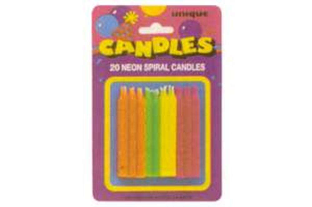 Pack of 20 neon spiral birthday candles in green, yellow, orange, and pink on pink backing card.