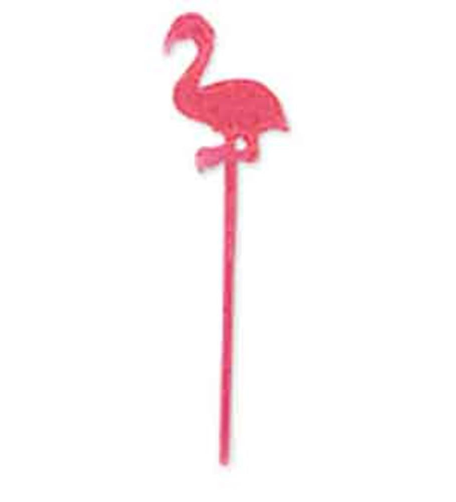 Bright pink plastic flamingo pick with thin stick and detailed bird silhouette.
