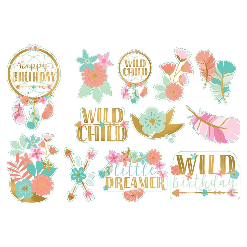 Boho birthday cutouts with floral, feather, and arrow designs in pastel pink, teal, and gold accents.