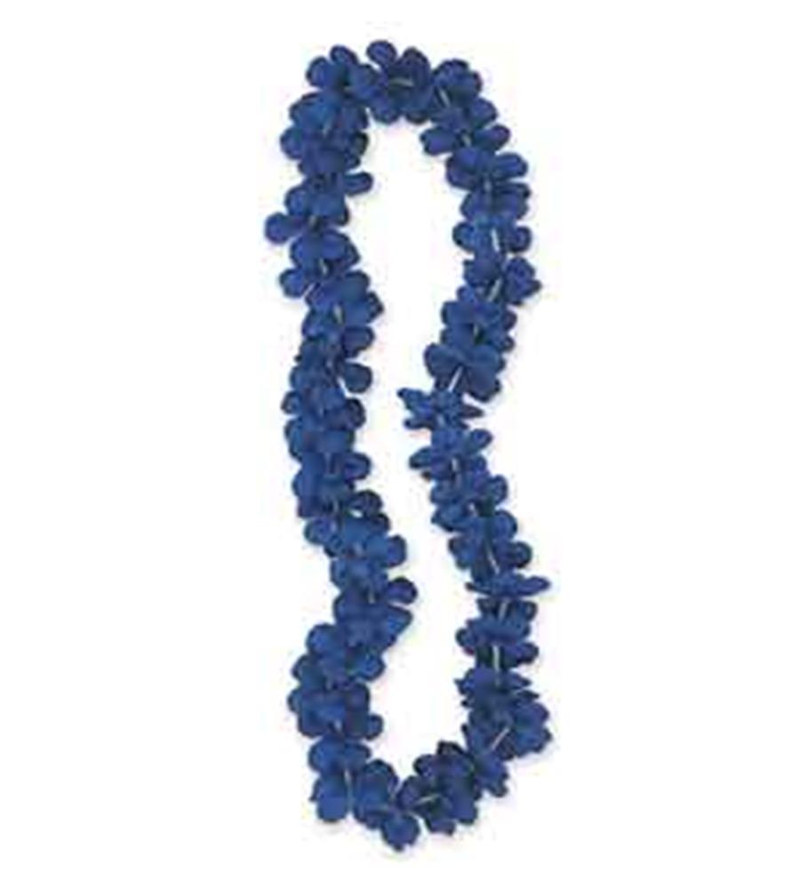 Royal blue 40-inch flower lei with densely clustered fabric petals.