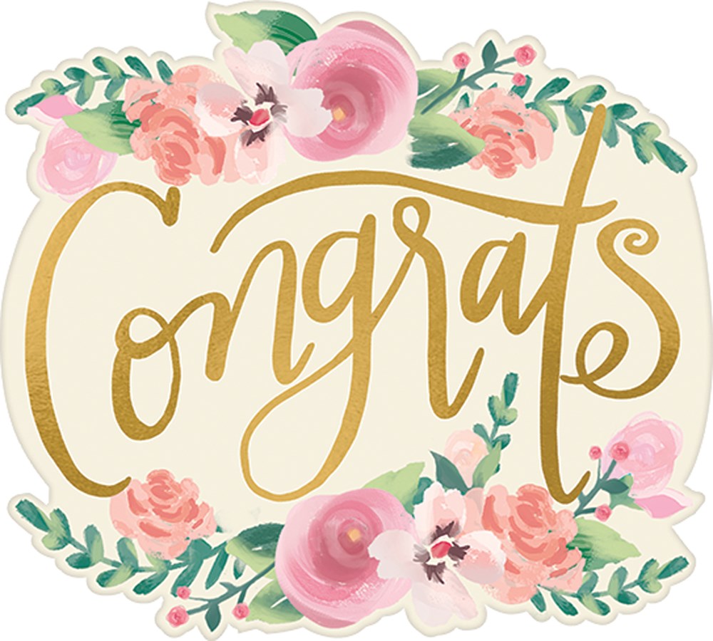 Gold script "Congrats" cutout with pink and peach watercolor flowers and green leaves, decorative wedding décor.