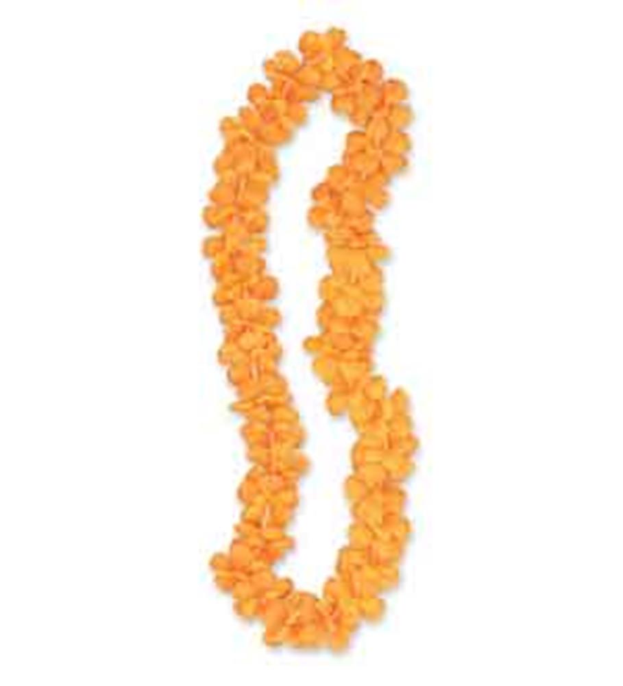 Bright orange artificial flower lei with tightly clustered petals, 40 inches long.