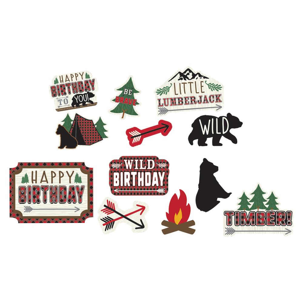 Set of colorful lumberjack-themed birthday cutouts featuring tent, trees, bear silhouette, campfire, arrows, and signs with.