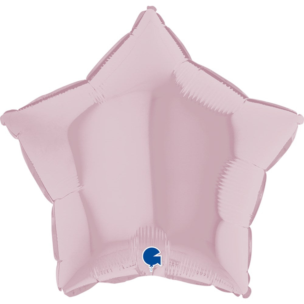 Pastel pink star-shaped foil balloon with glossy finish, 18 inches wide.