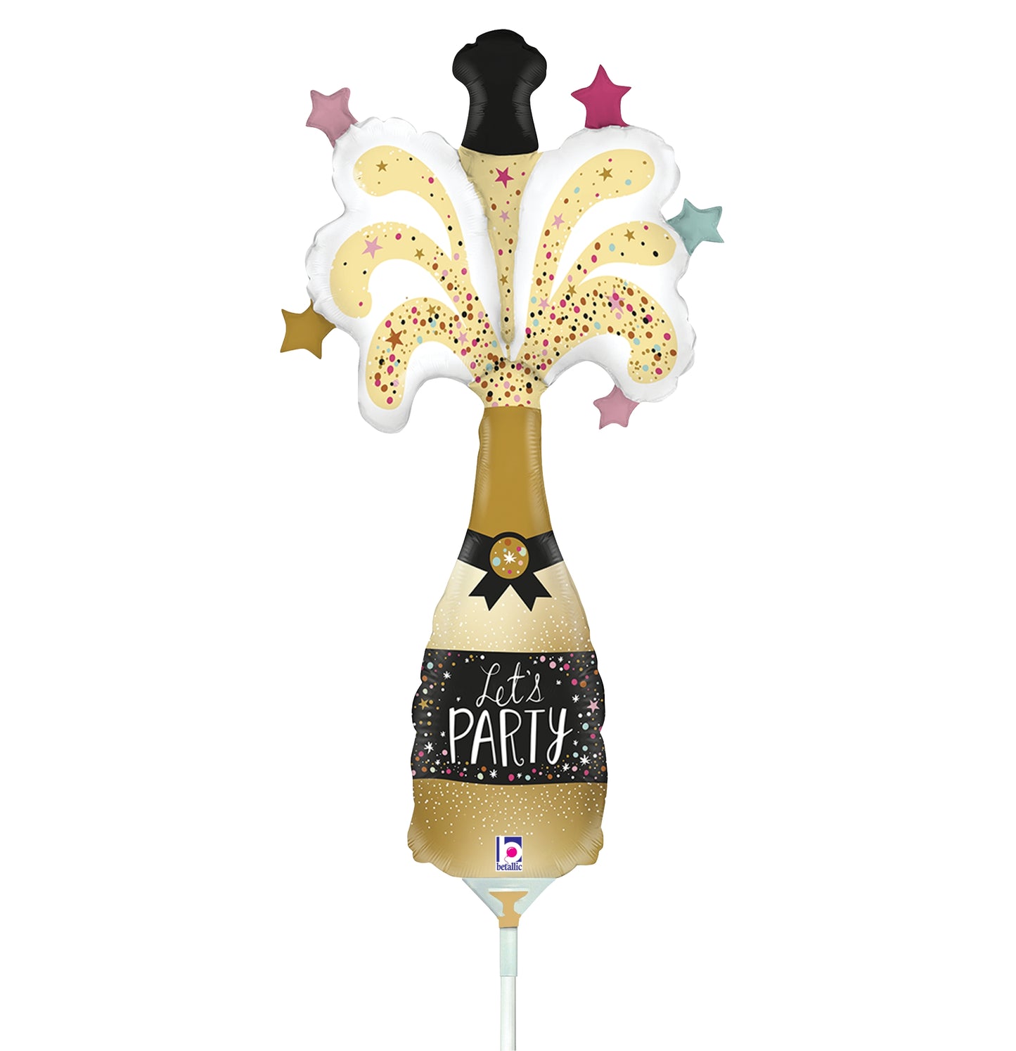 Gold and black foil balloon shaped like a mini champagne bottle with colorful star bursts and "Let's Party" text.