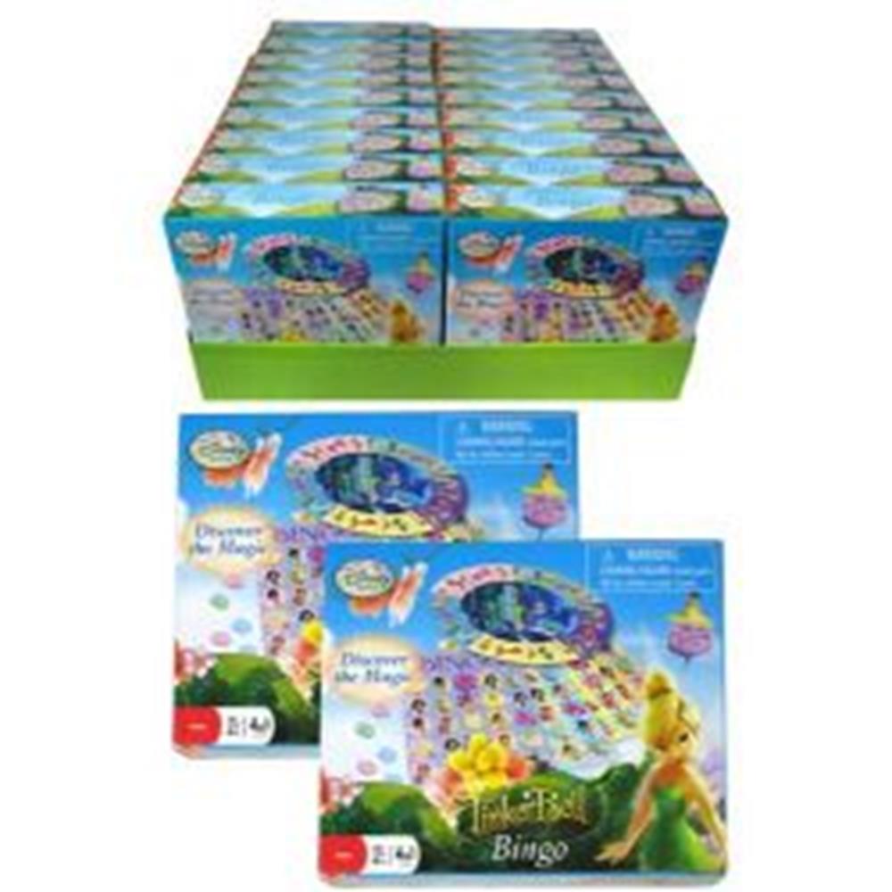 Tinkerbell-themed bingo game boxes with colorful cards featuring Disney fairies on a blue background.