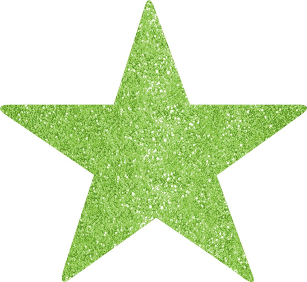 Bright green glittery five-point star cutout decoration with smooth edges.
