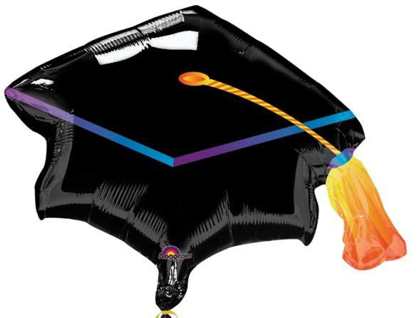 Black foil balloon shaped like a graduation cap with colorful tassel and purple and blue trim.