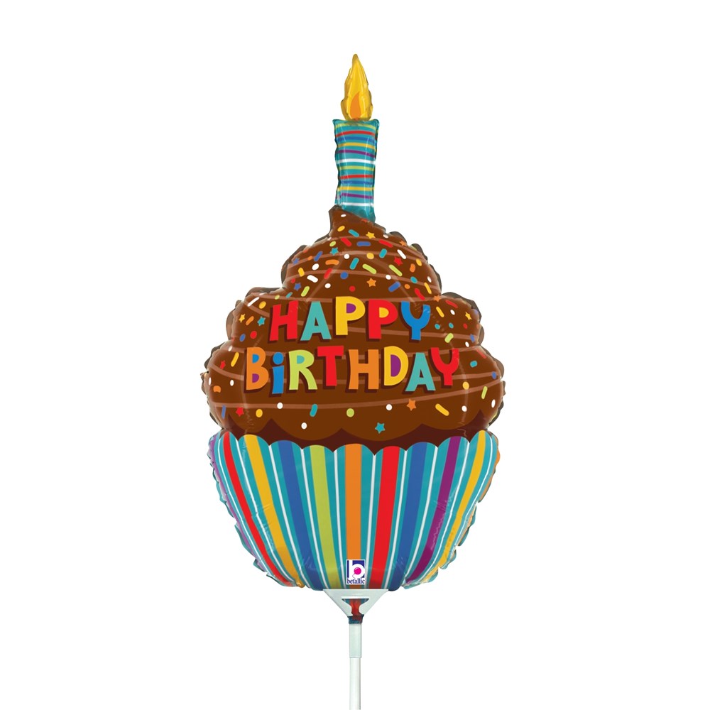 14-inch foil balloon shaped like a chocolate cupcake with colorful sprinkles, striped blue candle, and "Happy Birthday" text