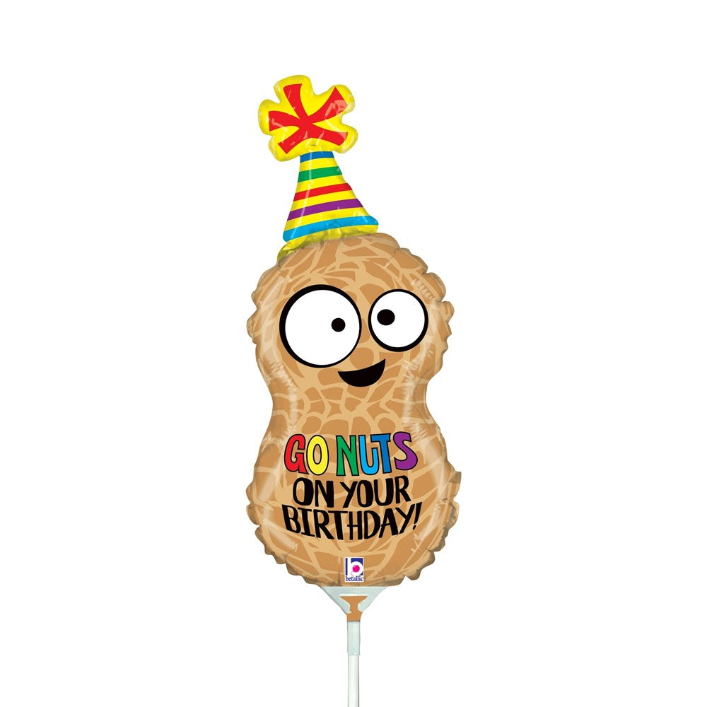 14-inch foil balloon shaped like a peanut wearing a colorful striped party hat with "Go Nuts On Your Birthday!" text.