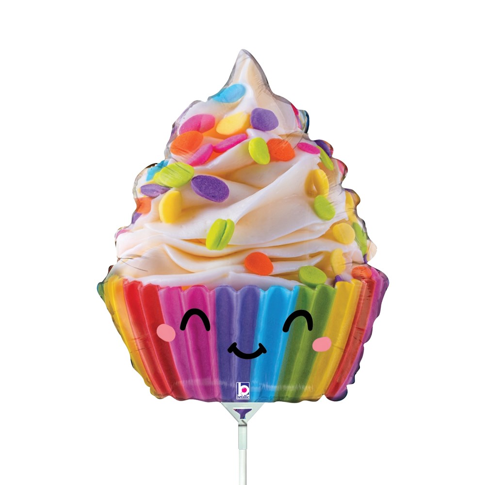 14-inch foil balloon shaped like a rainbow cupcake with colorful sprinkles and a smiling face.
