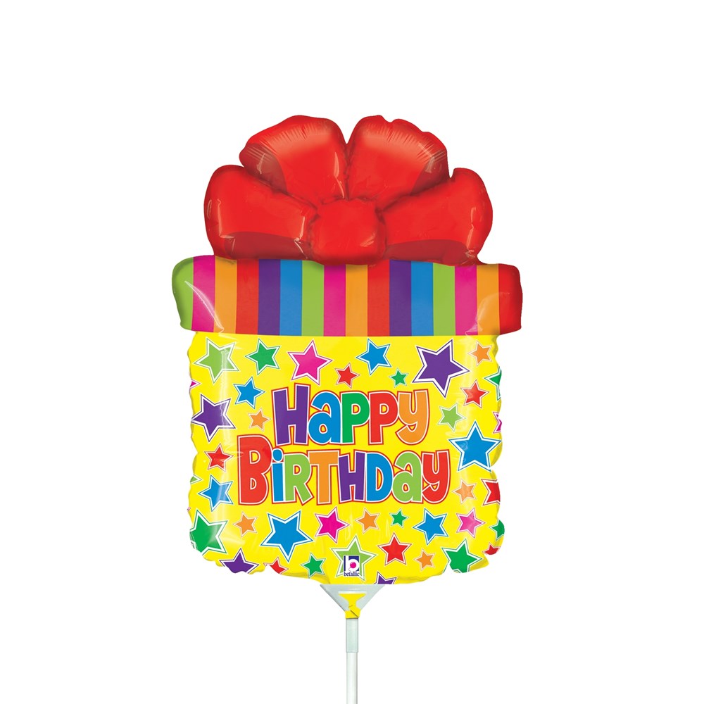 14-inch foil balloon shaped like a colorful birthday present with rainbow stripes, red bow, and "Happy Birthday" text.
