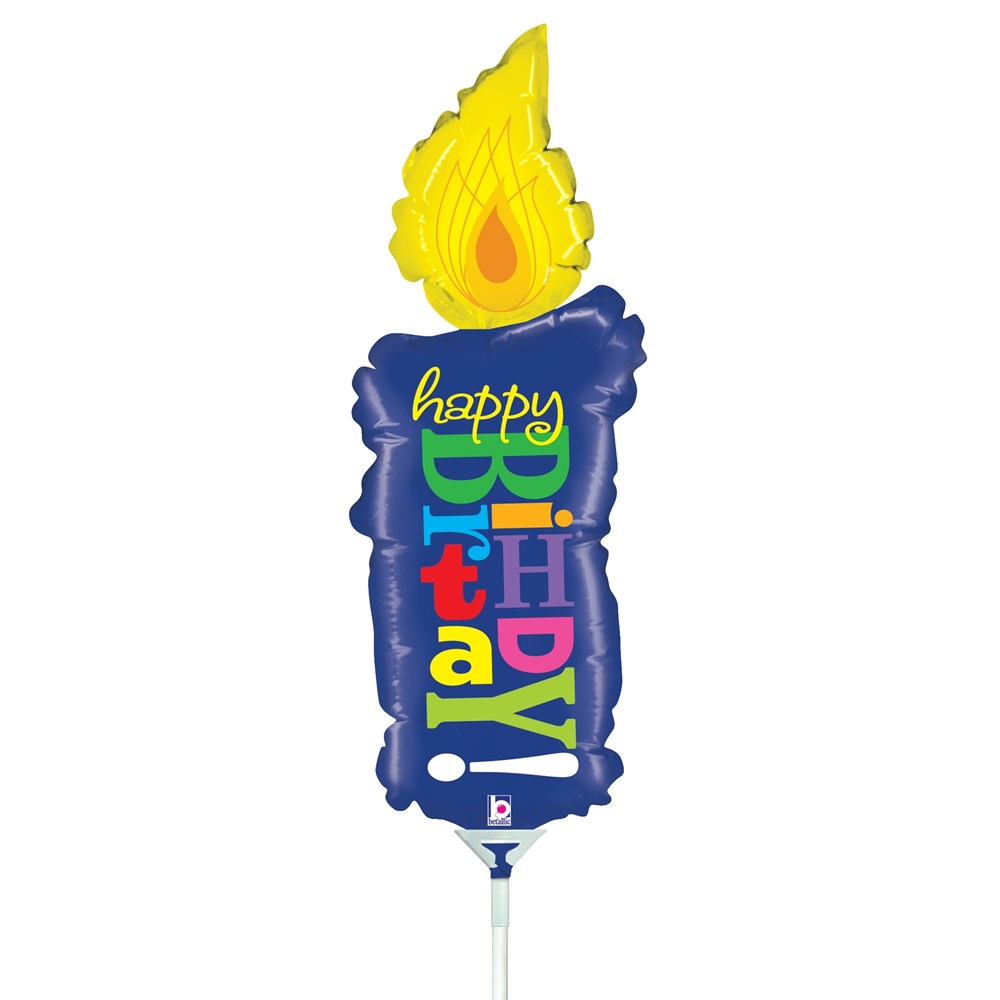 14-inch blue foil balloon shaped like a birthday candle with a yellow flame and colorful "happy birthday" text.