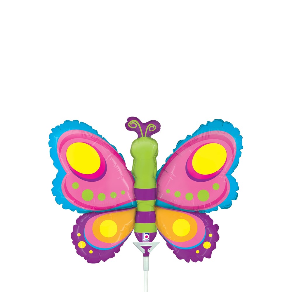 Colorful butterfly-shaped foil balloon with pink, purple, yellow, and green accents, 14 inches wide.