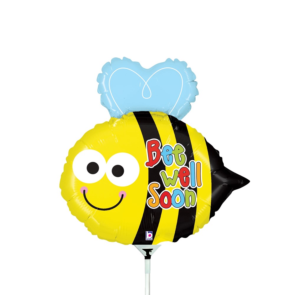 Yellow and black striped bee-shaped foil balloon with blue wings and colorful "Bee Well Soon" text.