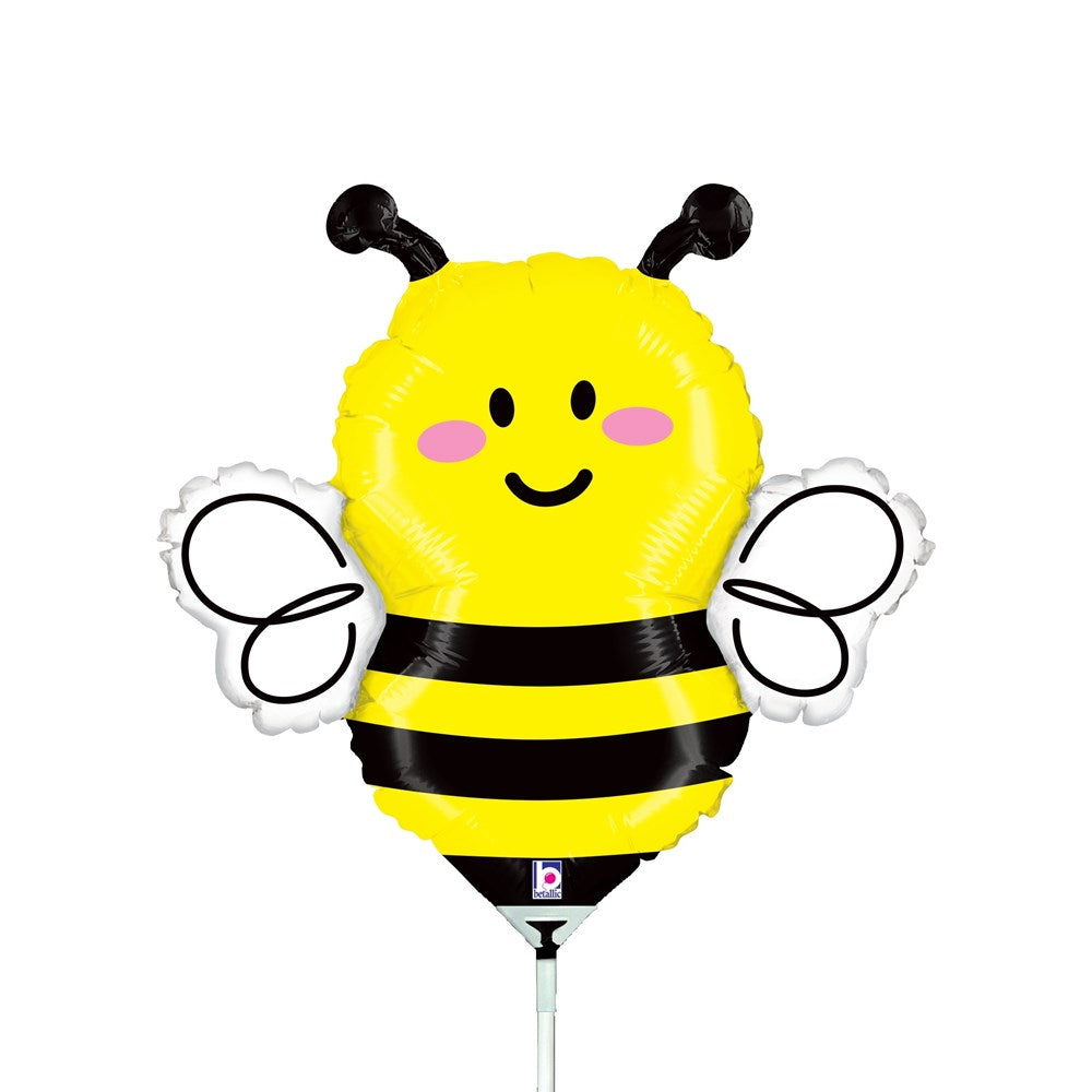 Yellow and black striped bee-shaped foil balloon with smiling face and white wings, 14 inches tall.