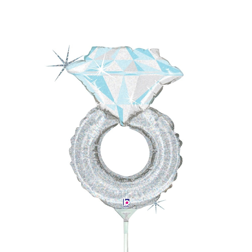 14-inch silver holographic balloon shaped like a diamond engagement ring with faceted gem design.