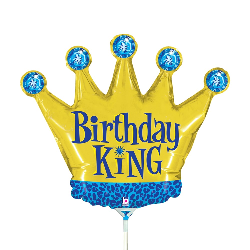 Gold foil balloon shaped like a crown with blue jewels and "Birthday King" in blue letters.