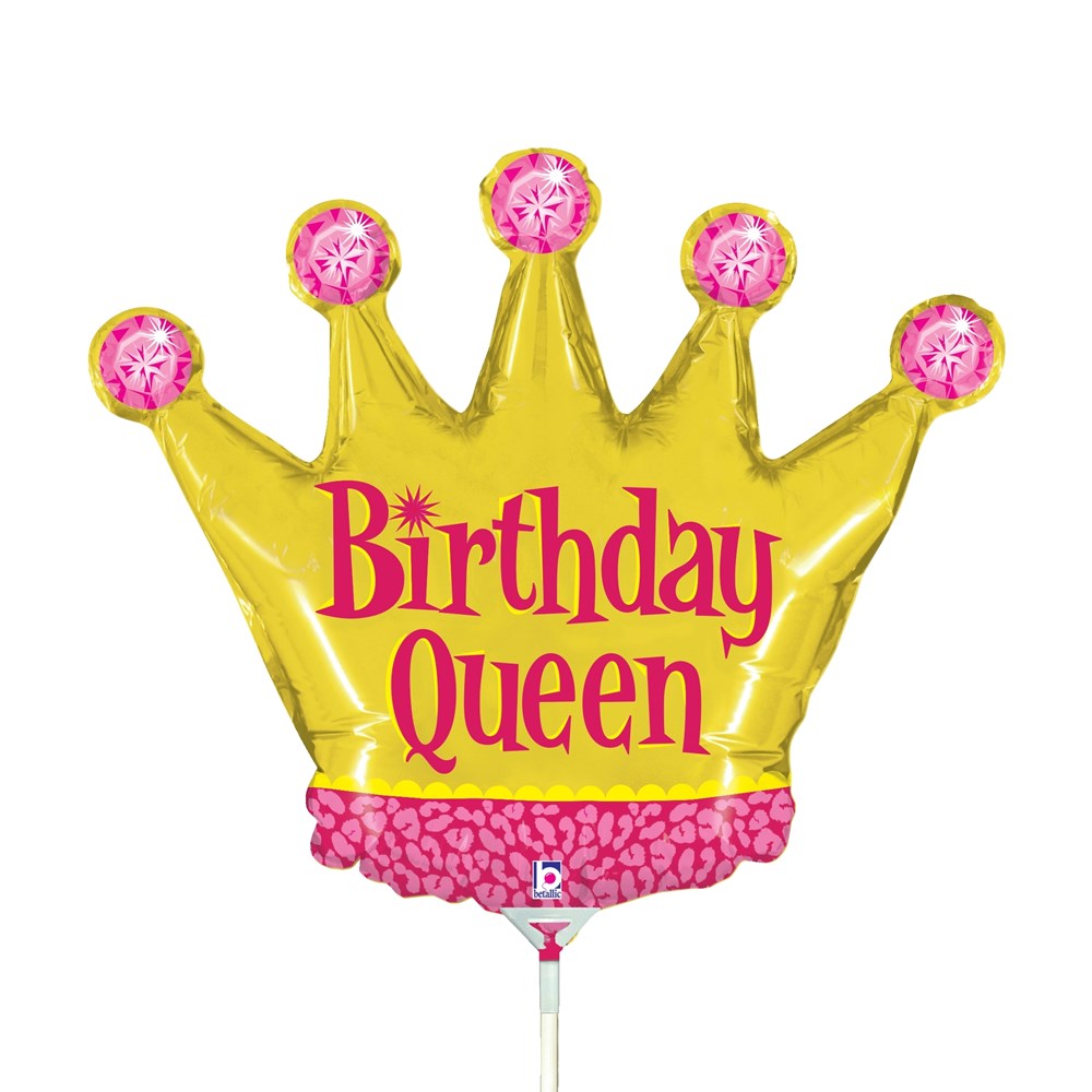 Gold foil crown-shaped balloon with pink heart accents and "Birthday Queen" text in pink.