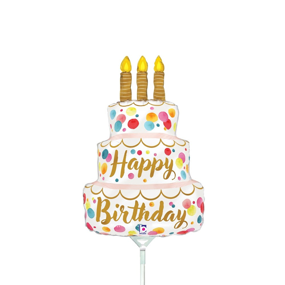 14-inch pink foil balloon shaped like a two-tier birthday cake with colorful confetti dots and three golden candles.