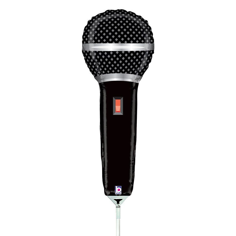 Black 14-inch foil balloon shaped like a classic handheld microphone with silver band and small red detail.