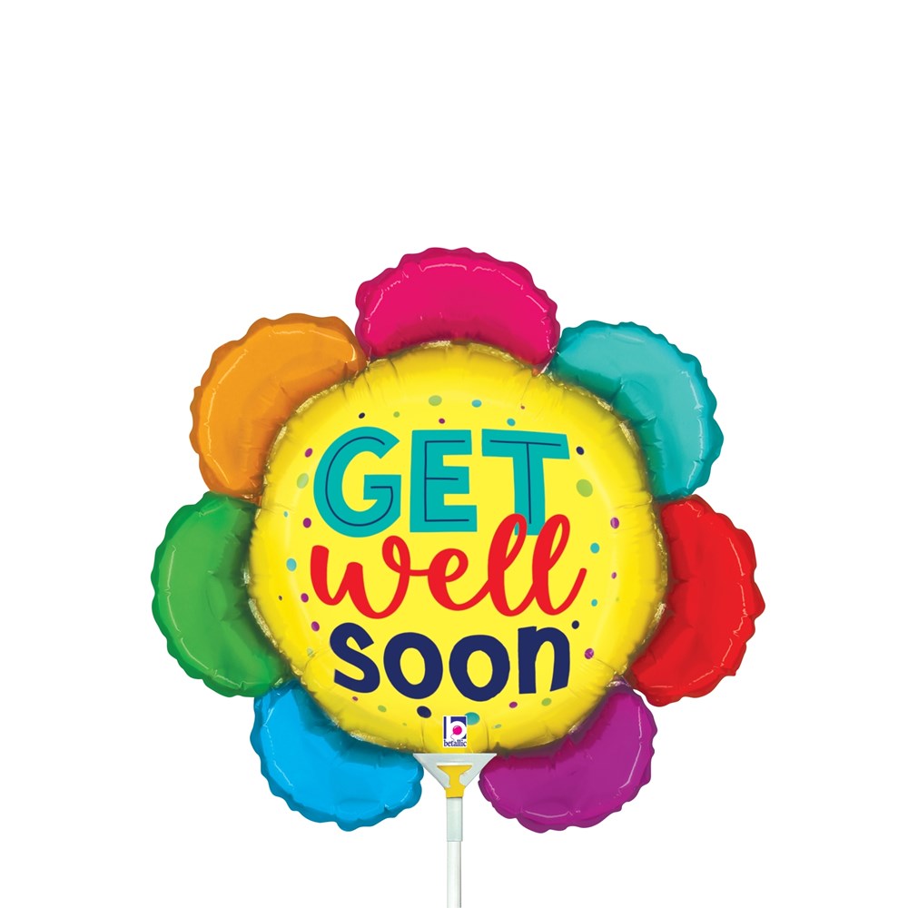 Round yellow foil balloon with colorful flower petals and "Get well soon" text in blue and red letters.