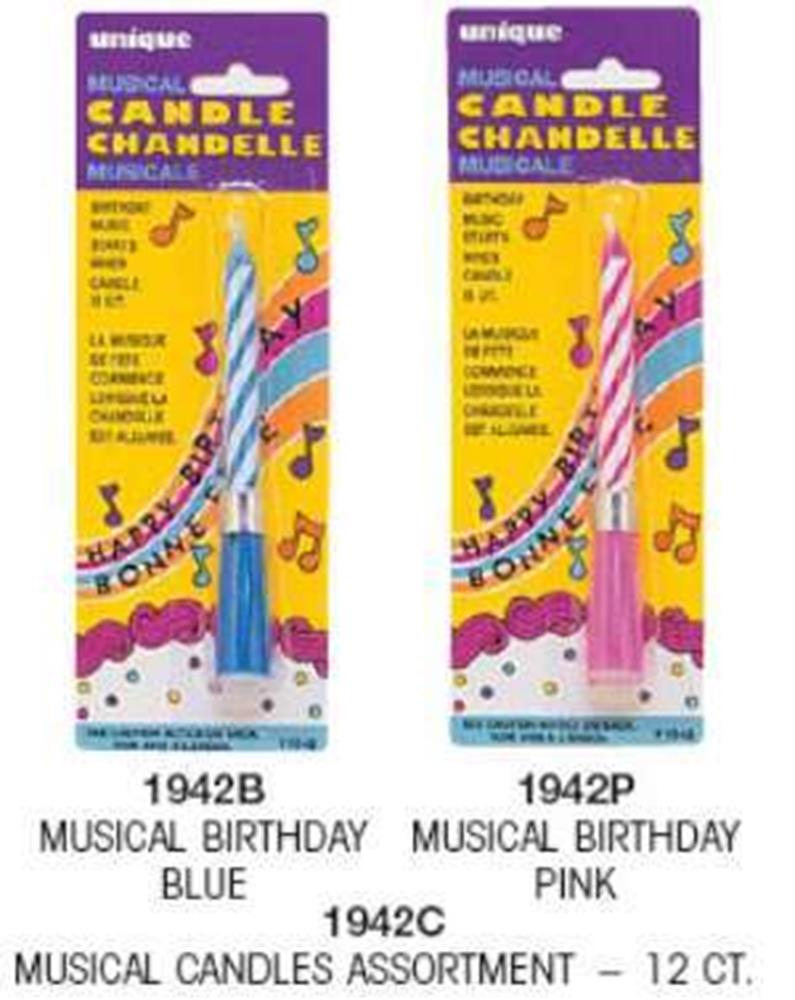 Blue musical birthday candle with colorful musical notes and staff design on yellow packaging.