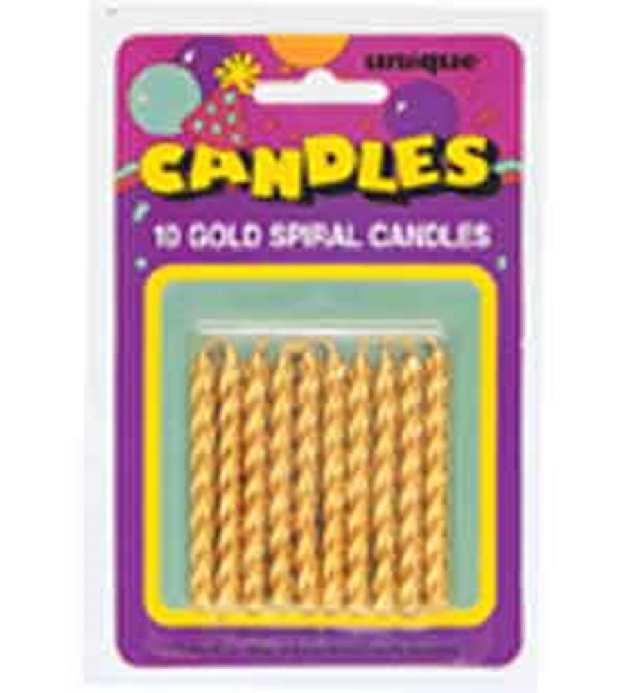 Pack of 10 gold spiral birthday candles in clear plastic on purple card backing.