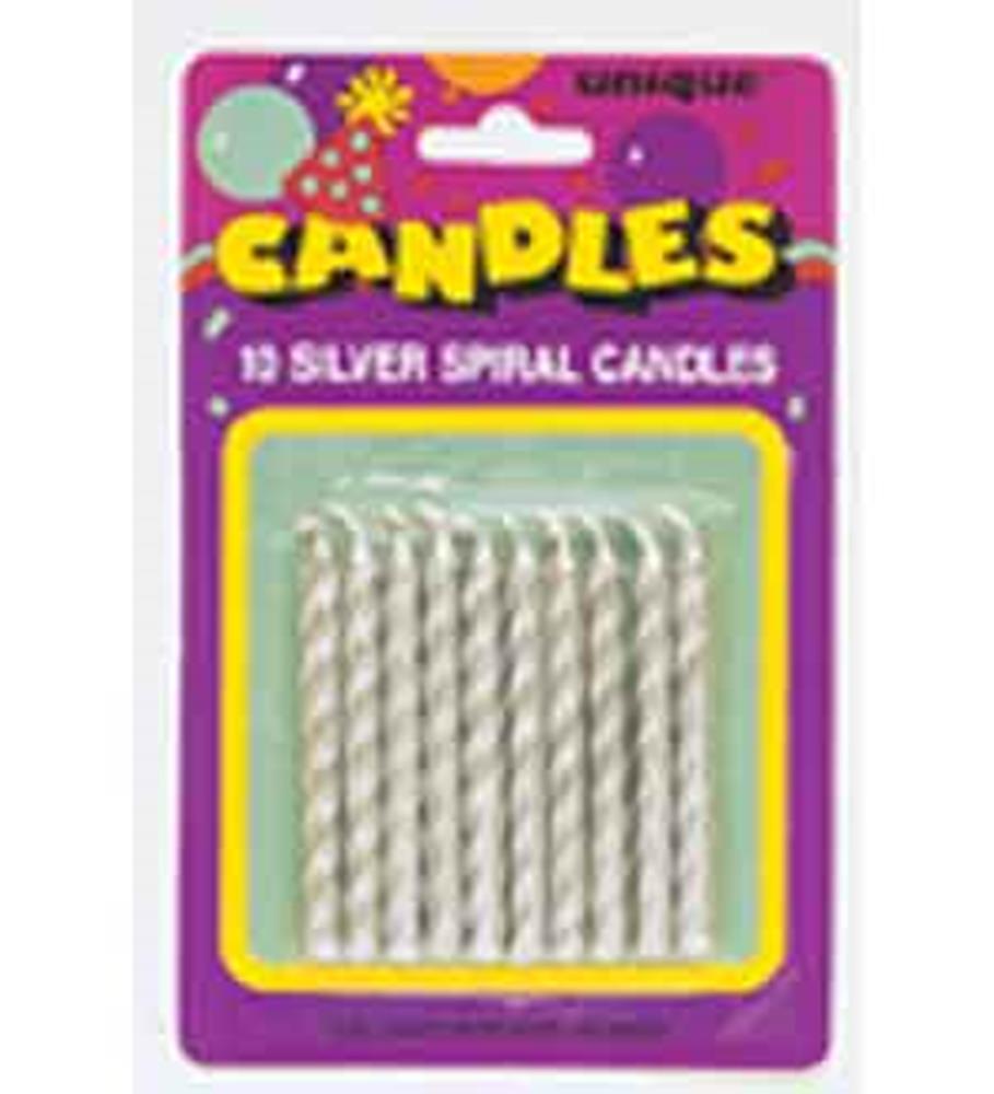 Pack of 12 silver spiral birthday candles in clear plastic packaging with purple and yellow label.