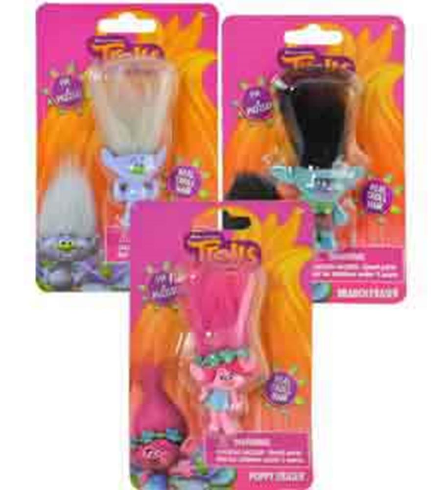 Set of three Trolls-themed erasers shaped like characters with colorful hair in white, black, and pink, each on bright.