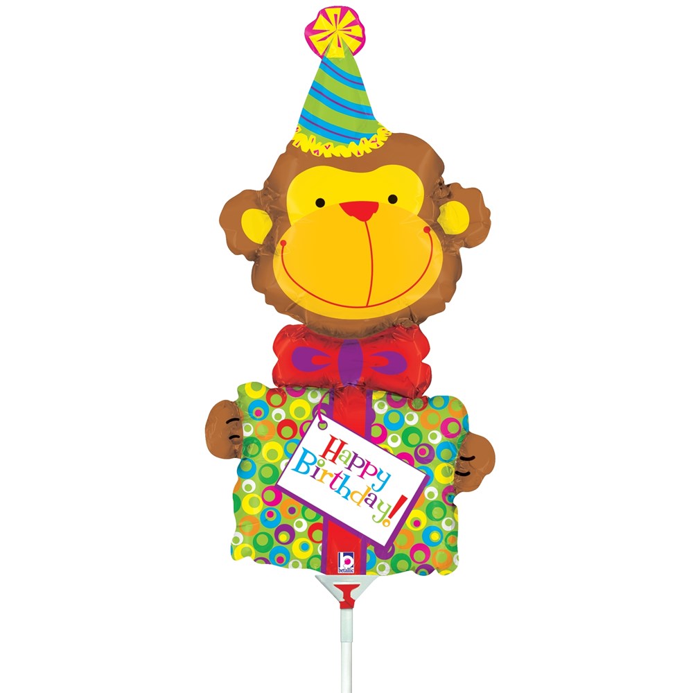 14-inch foil balloon shaped like a smiling monkey wearing a party hat and holding a colorful wrapped gift with a "Happy.
