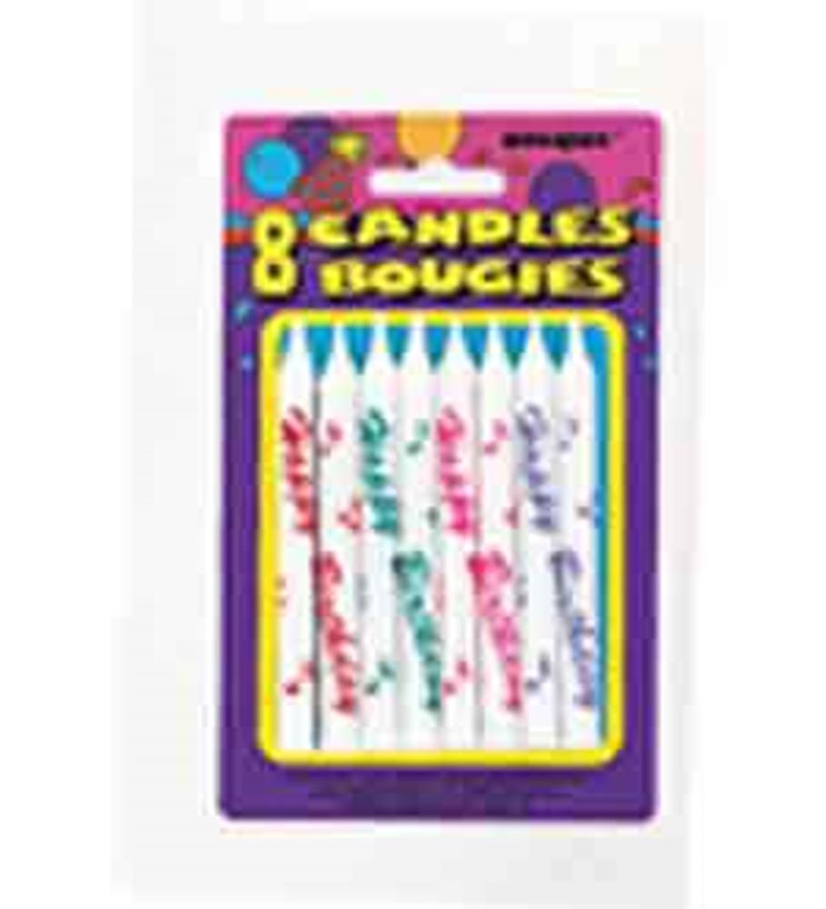 Pack of eight white birthday candles with colorful "Happy Birthday" text and stripes in blue, red, and green on purple.