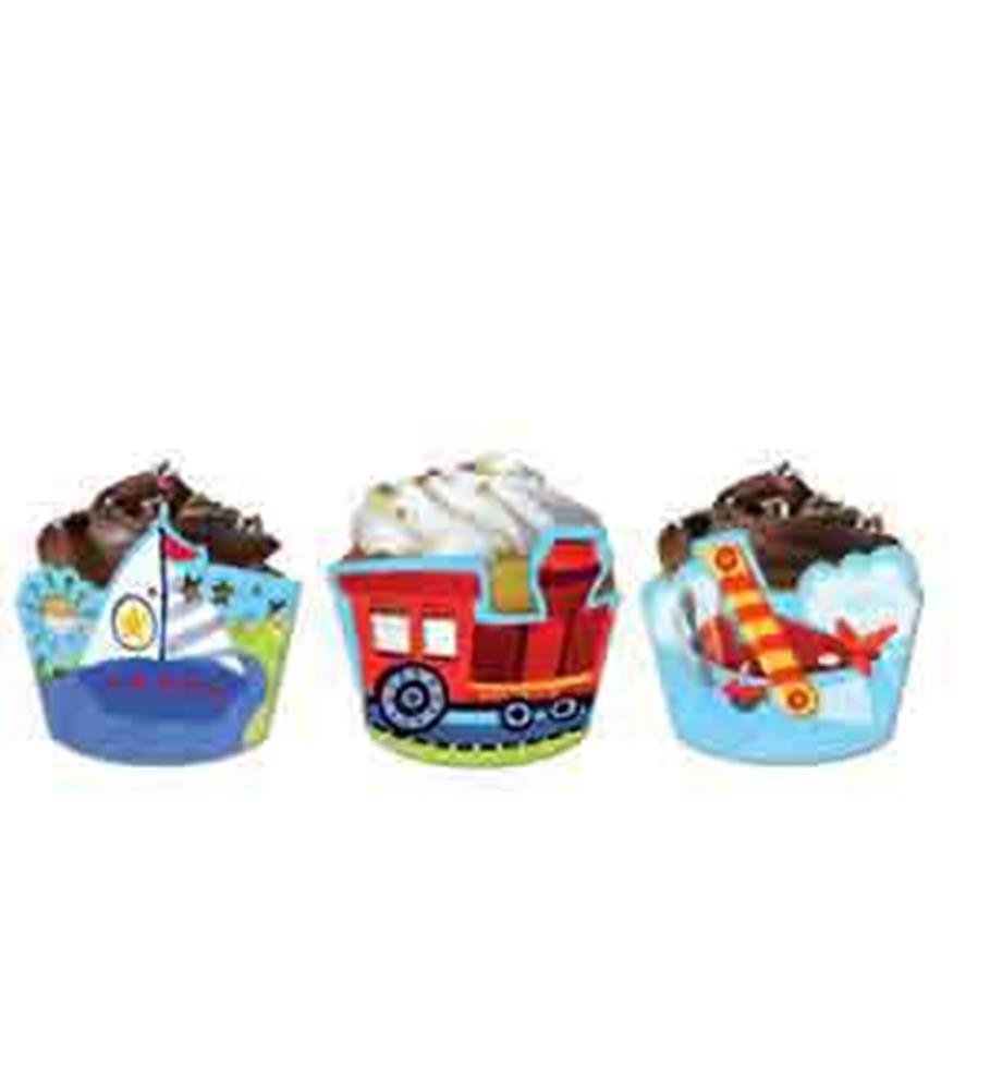 Colorful cupcake wrappers with boat, train, and airplane designs on a white background.