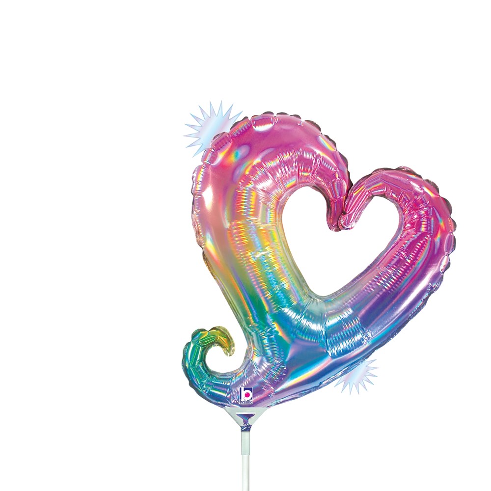Iridescent holographic heart-shaped balloon with twisted tail in pink, blue, and yellow tones.