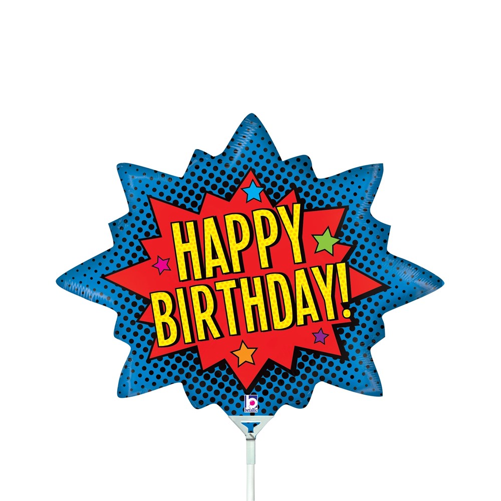 14-inch blue foil balloon shaped like a comic book burst with red center and yellow "Happy Birthday!" text.