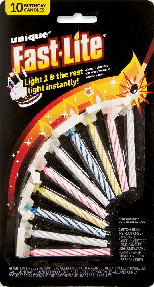 Pack of 10 birthday candles in assorted colors with black and white spiral stripes on black card backing.