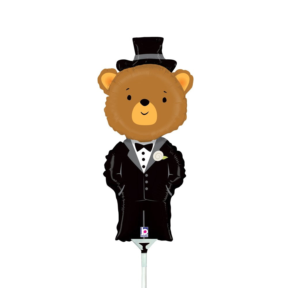 Brown bear-shaped foil balloon wearing a black tuxedo and top hat, 14-inch mini groom theme.