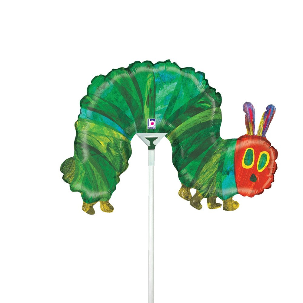 Green and red caterpillar-shaped foil balloon with big eyes and colorful antennae.