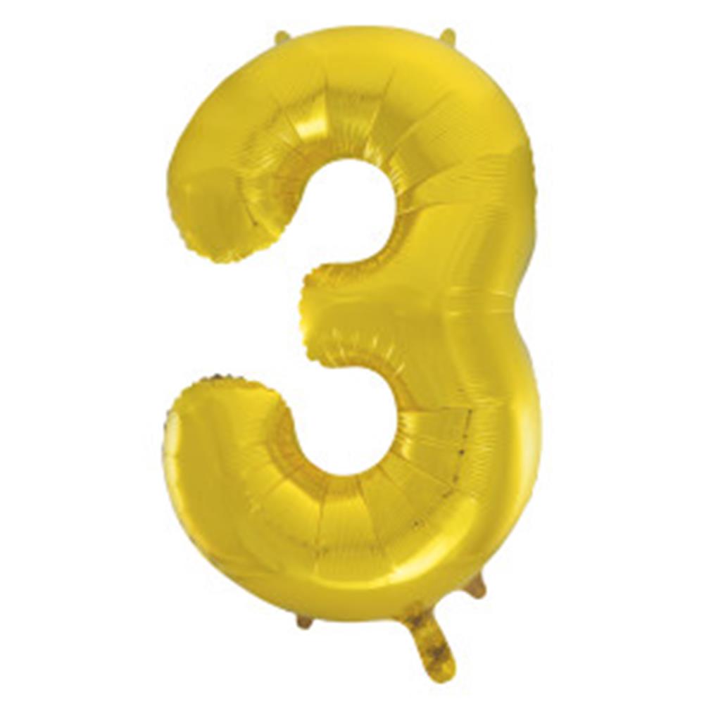 34-inch shiny gold foil balloon shaped as the number 3 with a smooth surface and sealed edges.