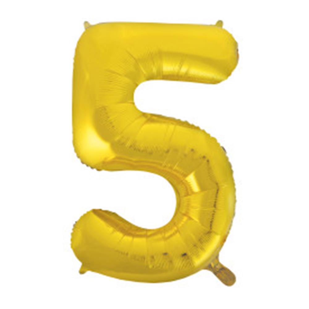 34-inch gold foil balloon shaped like the number 5 with a shiny metallic finish.