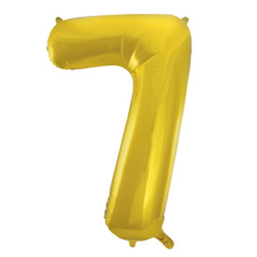 Shiny gold foil balloon shaped as the number 7, 34 inches tall, inflated and glossy.