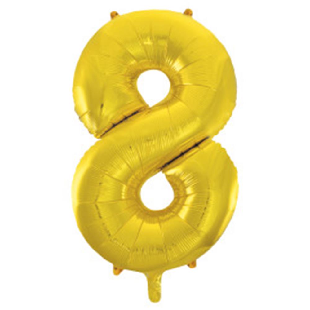 34-inch gold foil balloon shaped as the number 8 with a shiny metallic finish.
