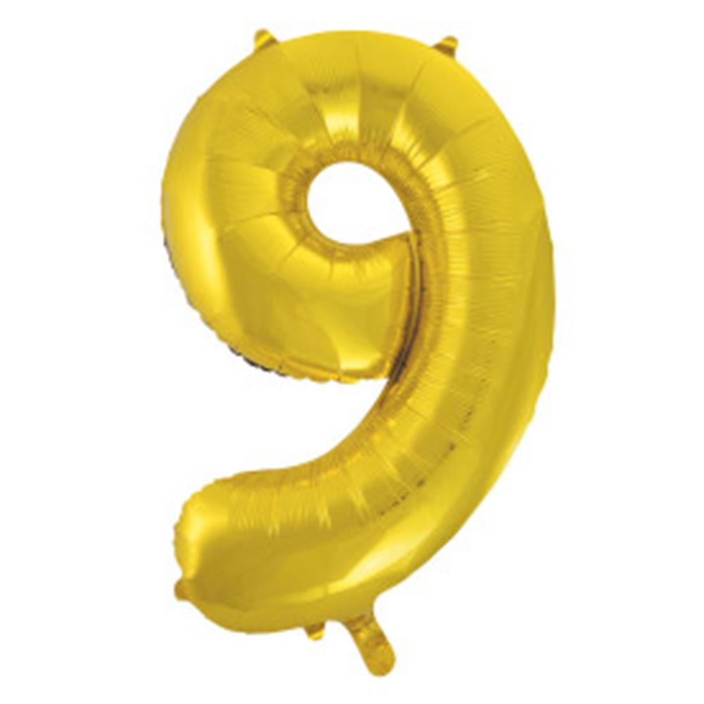 34-inch gold foil balloon shaped as the number 9 with a shiny metallic finish.
