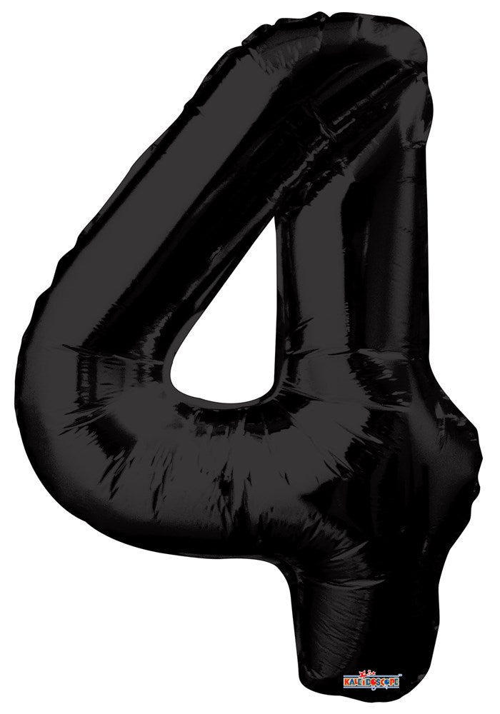 34-inch black foil balloon shaped as the number 4 with a shiny surface.