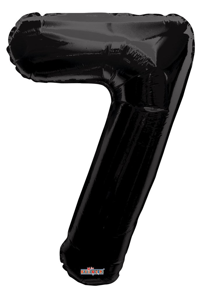 34-inch black jumbo foil balloon shaped as the number 7 with glossy finish.