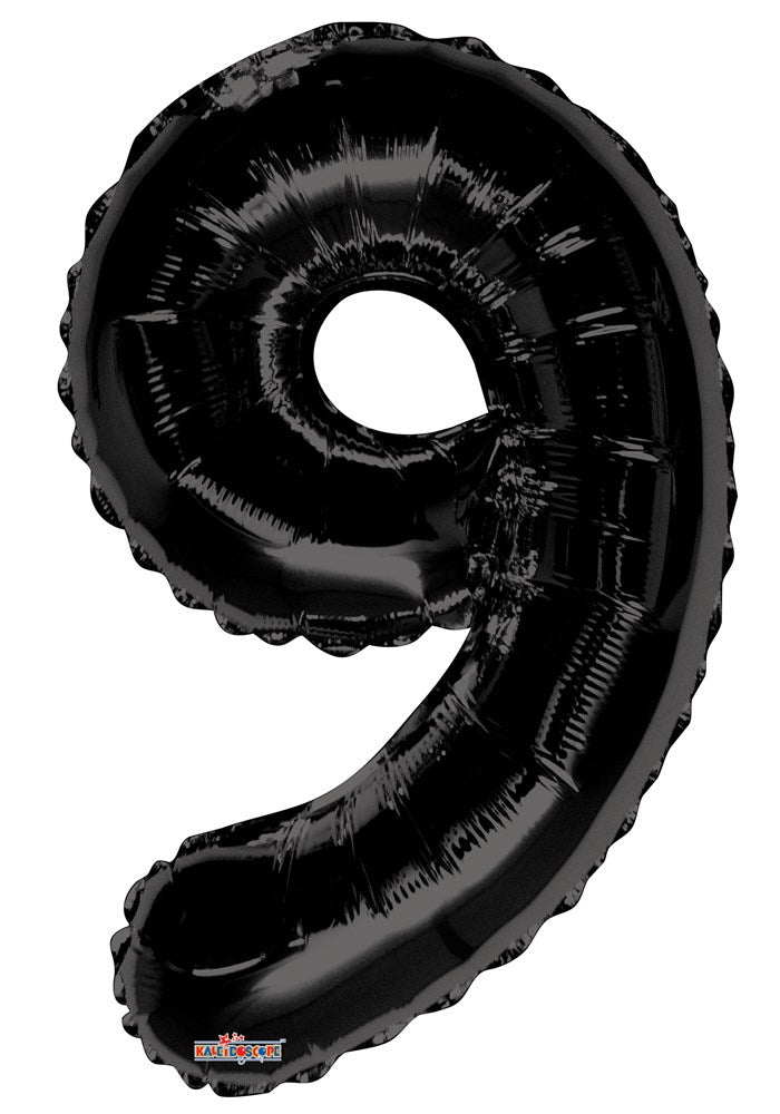 34-inch black foil balloon shaped as the number 9 with shiny finish.